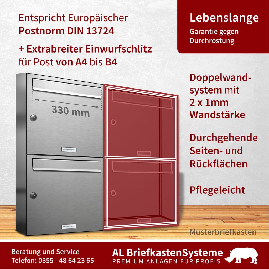 3er Edelstahl Briefkasten Anlage 3 Fach Wandbriefkasten Produktbild 2