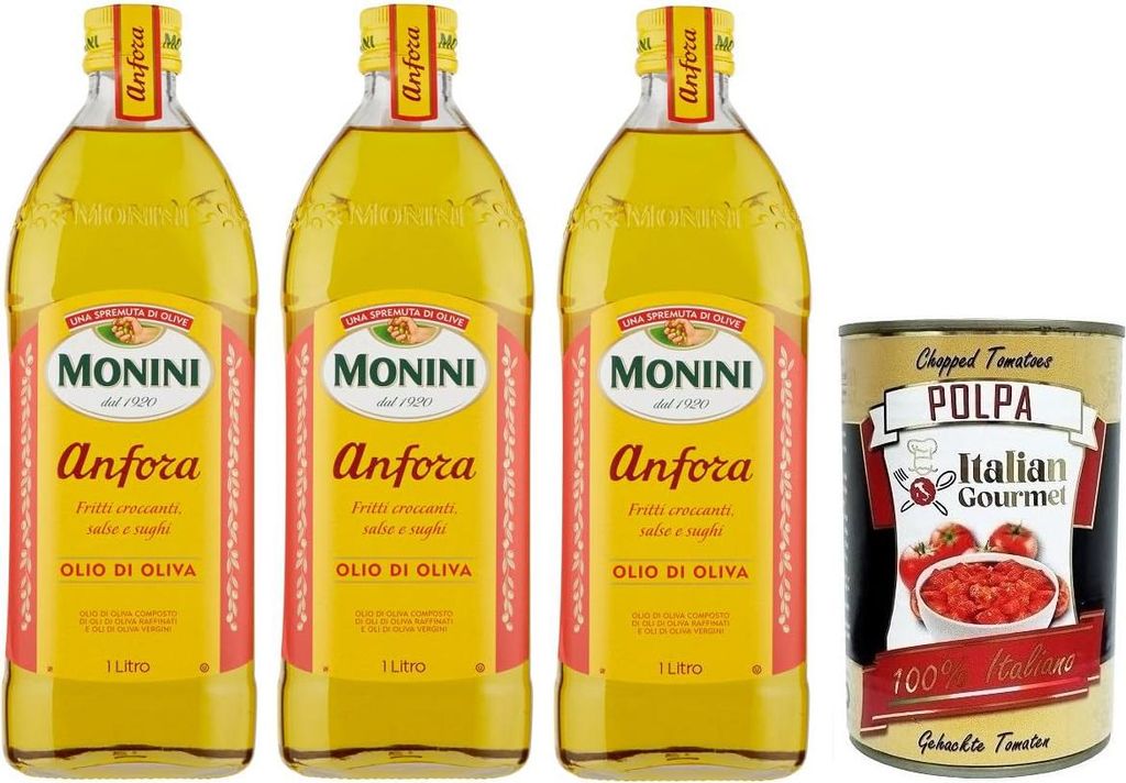 3x Monini Anfora Olio Di Oliva,Olivenöl,Ideal für knusprig frittierte Speisen, Soßen und Bratensoßen,Glas 1Lt + Italian Gourmet Polpa di Pomodo...