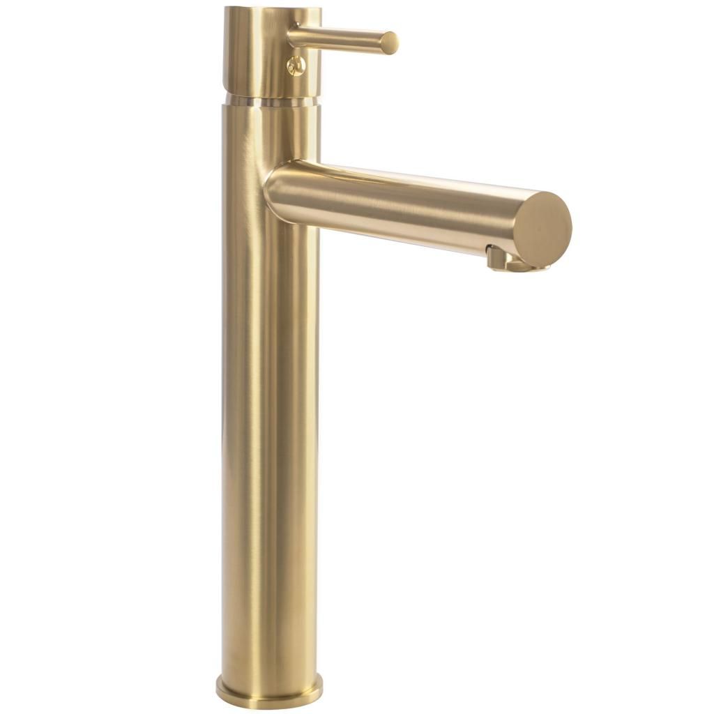 A close-up studio shot of a gold-colored faucet against a white background.