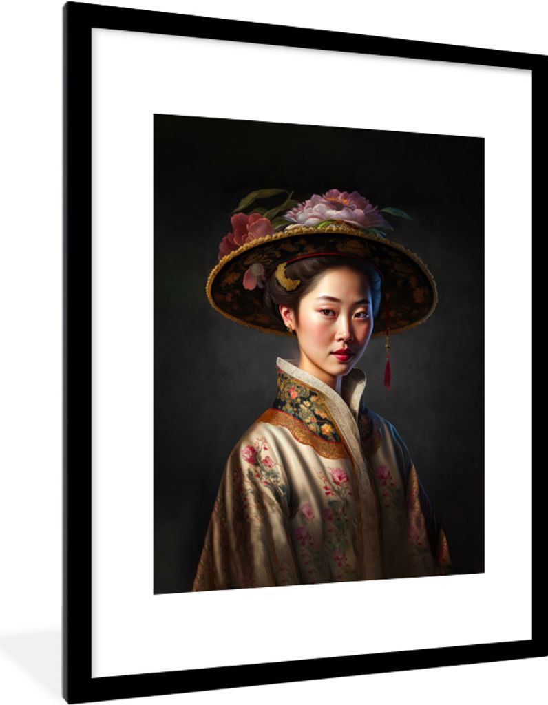MuchoWow Gerahmtes Poster Frau - Porträt - Blumen - Hut - Asiatisch 60x80 cm - Poster mit Schwarzem Bilderrahmen Wandposter Rahmen Foto Bilder -...