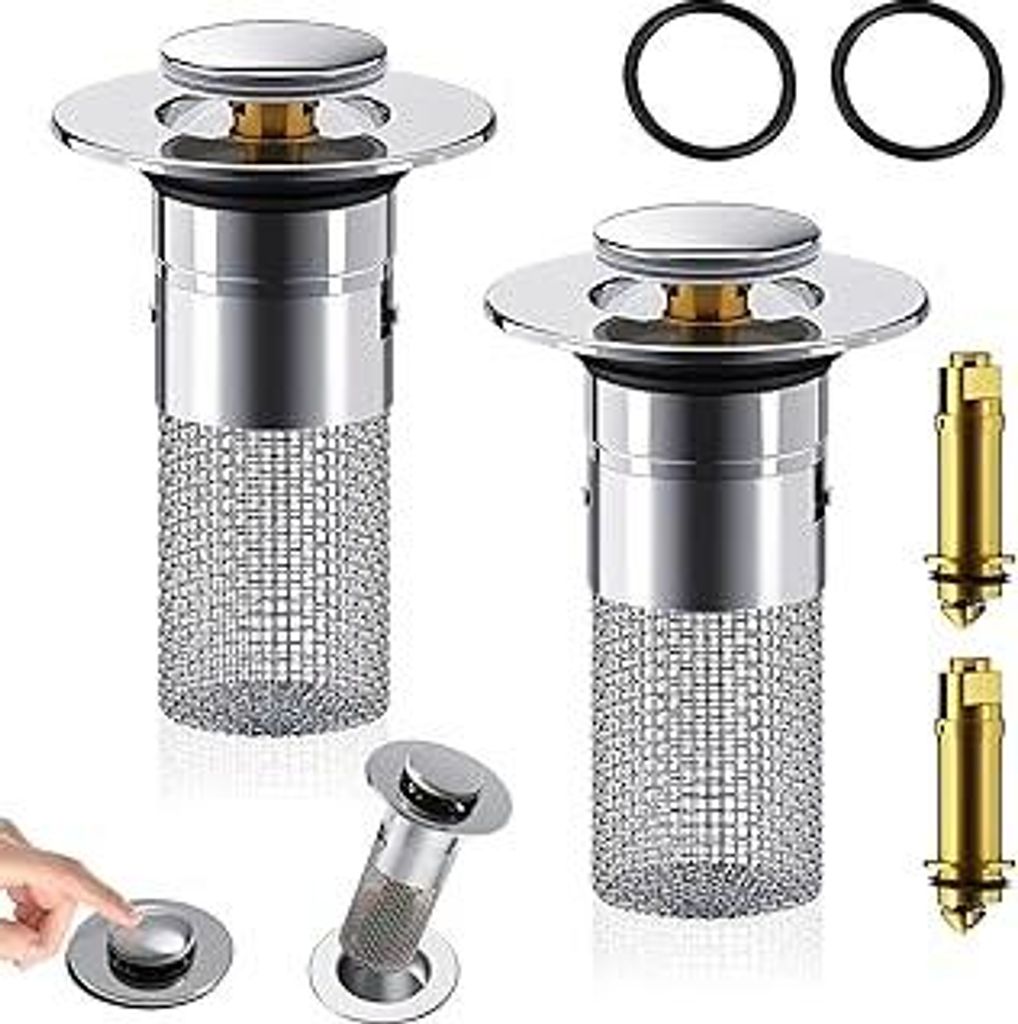 2 Stück Waschbeckenstöpsel, 34-40 mm Abflussstopfen mit Sieb Universal 304 Edelstahl Pop Up Abflusssieb Waschbecken Abfluss Stöpsel für Ablaufg...