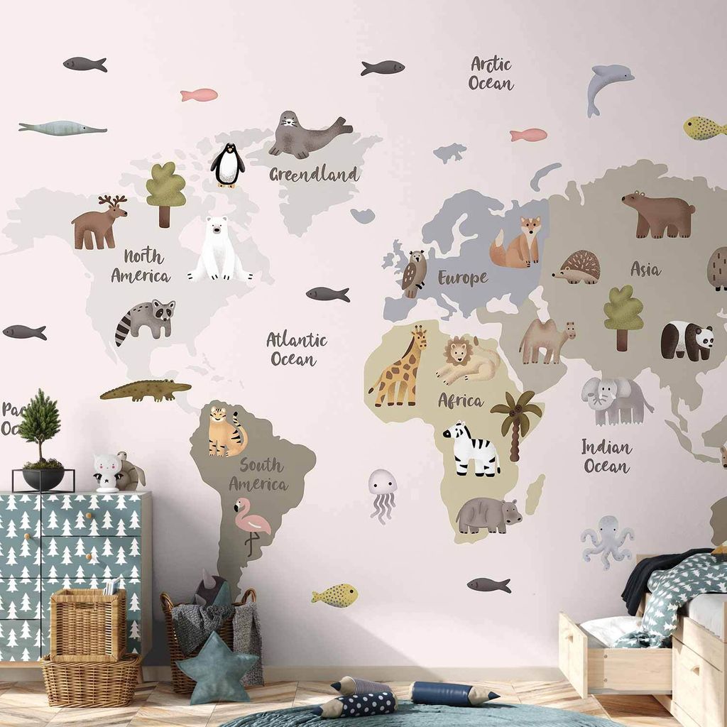 Vlies Fototapete - Pastel Map - Animals and Continents for Children's Room 250x175 cm Karten e-A-10142-a-a