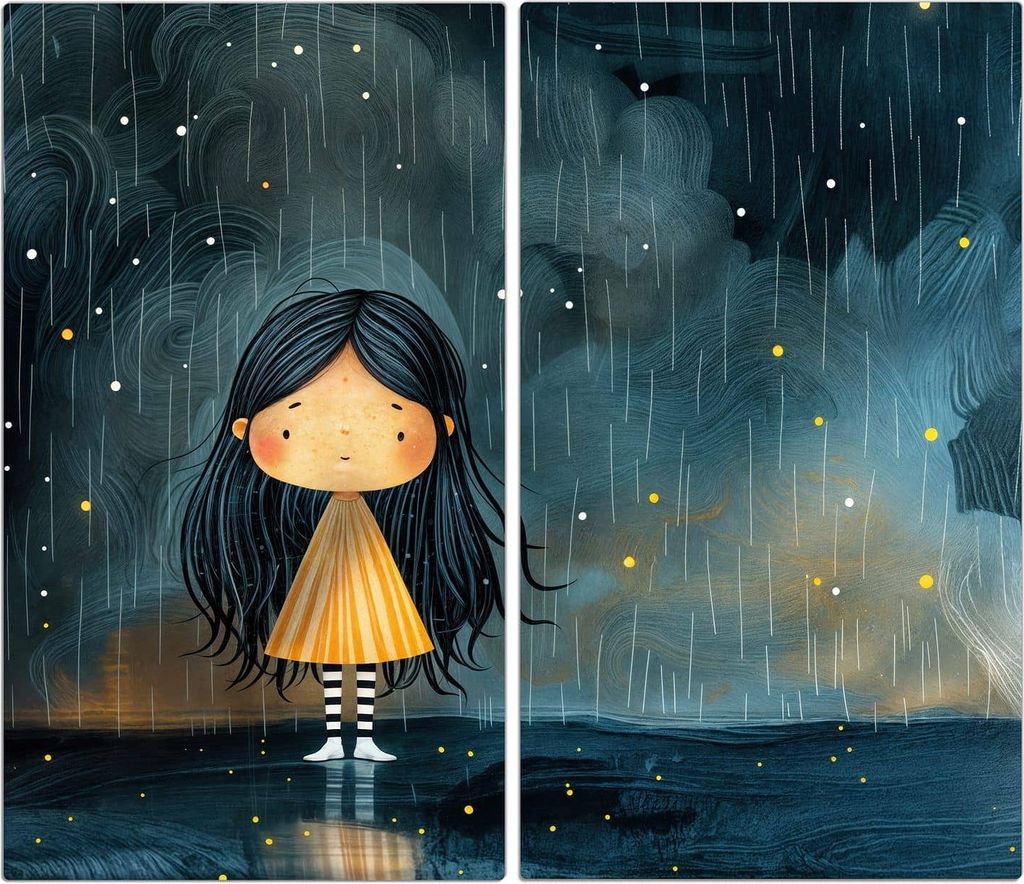 Spritzschutz Herdabdeckplatte Schneidebrett aus Glas Mädchen im Regen 2-Teilig (60x52cm)