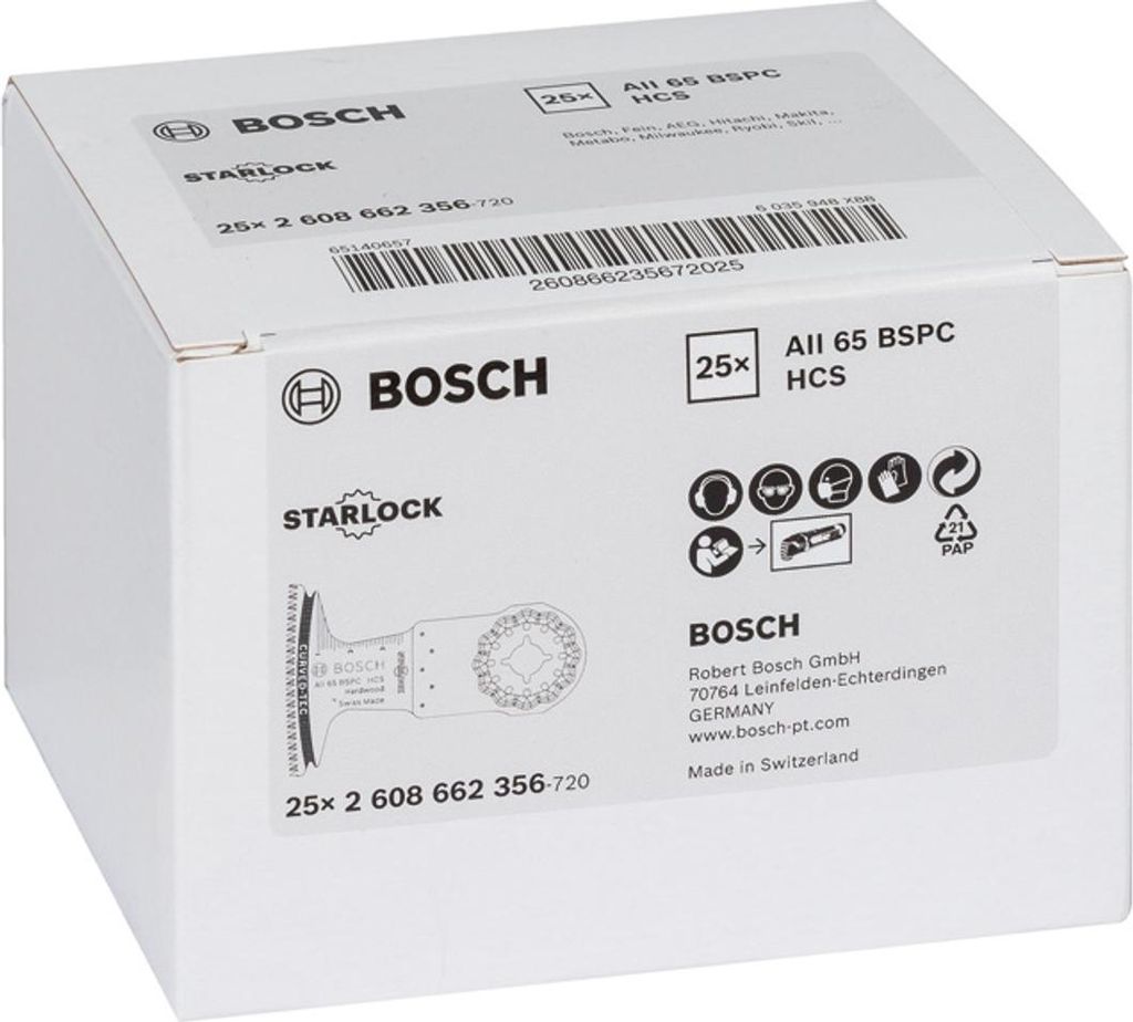 A white cardboard box containing Bosch power tool accessories.