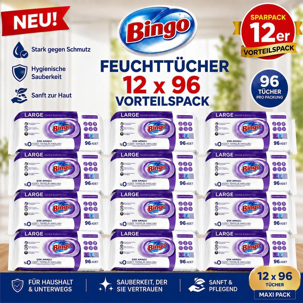 Bingo Feuchttücher Lavendel 12x96 Blatt – Großpackung Produktbild 