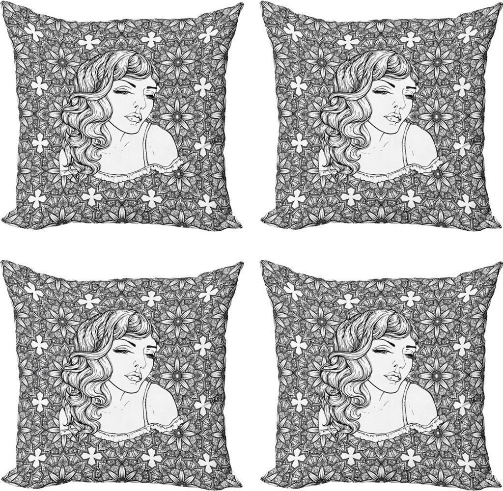 ABAKUHAUS Boho Kissenbezug Set (4 Stück), Junge Dame mit welligem Haar, Moderner Doppelseitiger Digitaldruck, 45 cm x 45 cm, Weiß und Schwarz