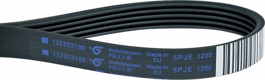 A black serpentine belt with white and blue text and markings.
