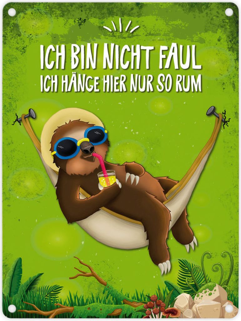 Metallschild mit Faultier in Hängematte Motiv und Spruch: Ich bin nicht faul,