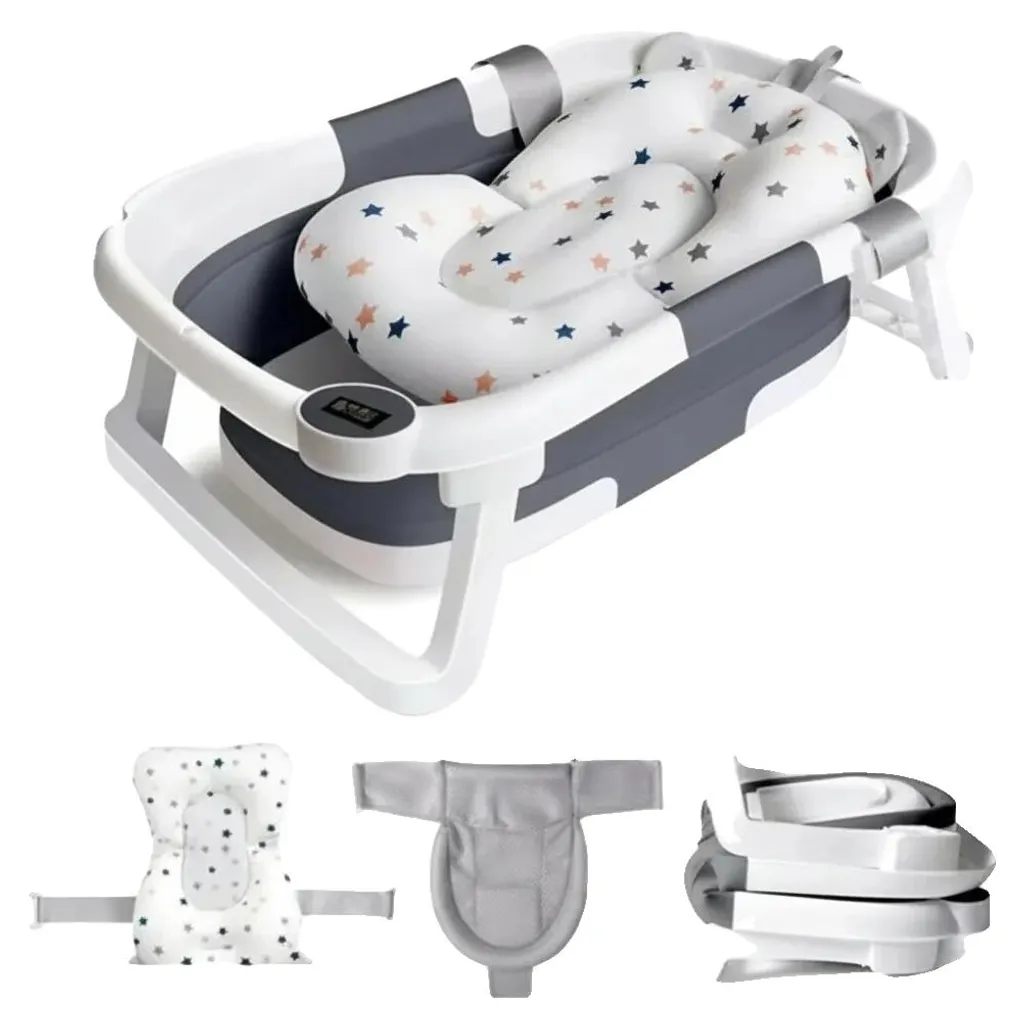Baignoire bébé grise avec thermomètre intégré et coussin ergonomique