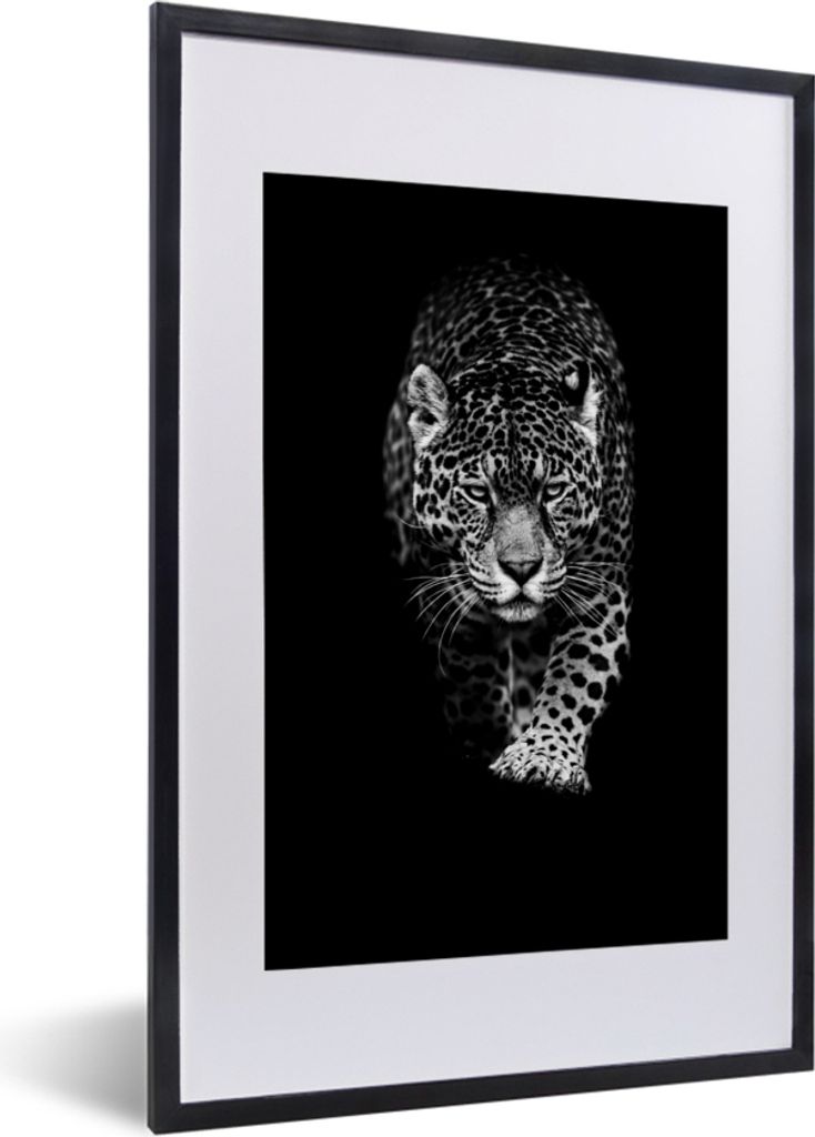 MuchoWow Gerahmtes Poster Tiere - Schwarz - Leopard - Weiß - Wild 40x60 cm - Poster mit Schwarzem Bilderrahmen Wandposter Rahmen Foto Bilder - P...