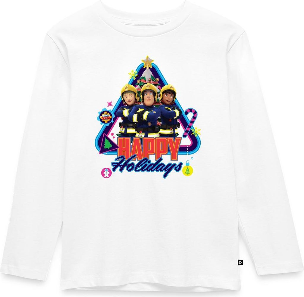 Spreadshirt Feuerwehrmann Sam Happy Holidays From The Team Kinder Premium Langarmshirt, 110/116 (4 Jahre), Weiß