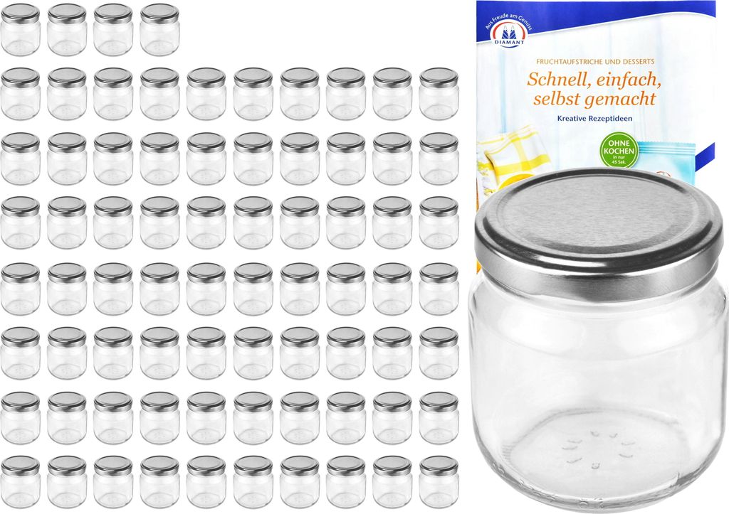 75er Set Rundglas 212 ml nieder To 66 silberner Deckel Sturzgläser Einmachgläser incl. Rezeptheft