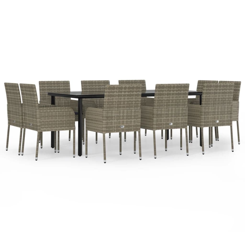 vidaXL 11-tlg. Garten-Essgruppe mit Kissen Schwarz & Grau Poly Rattan