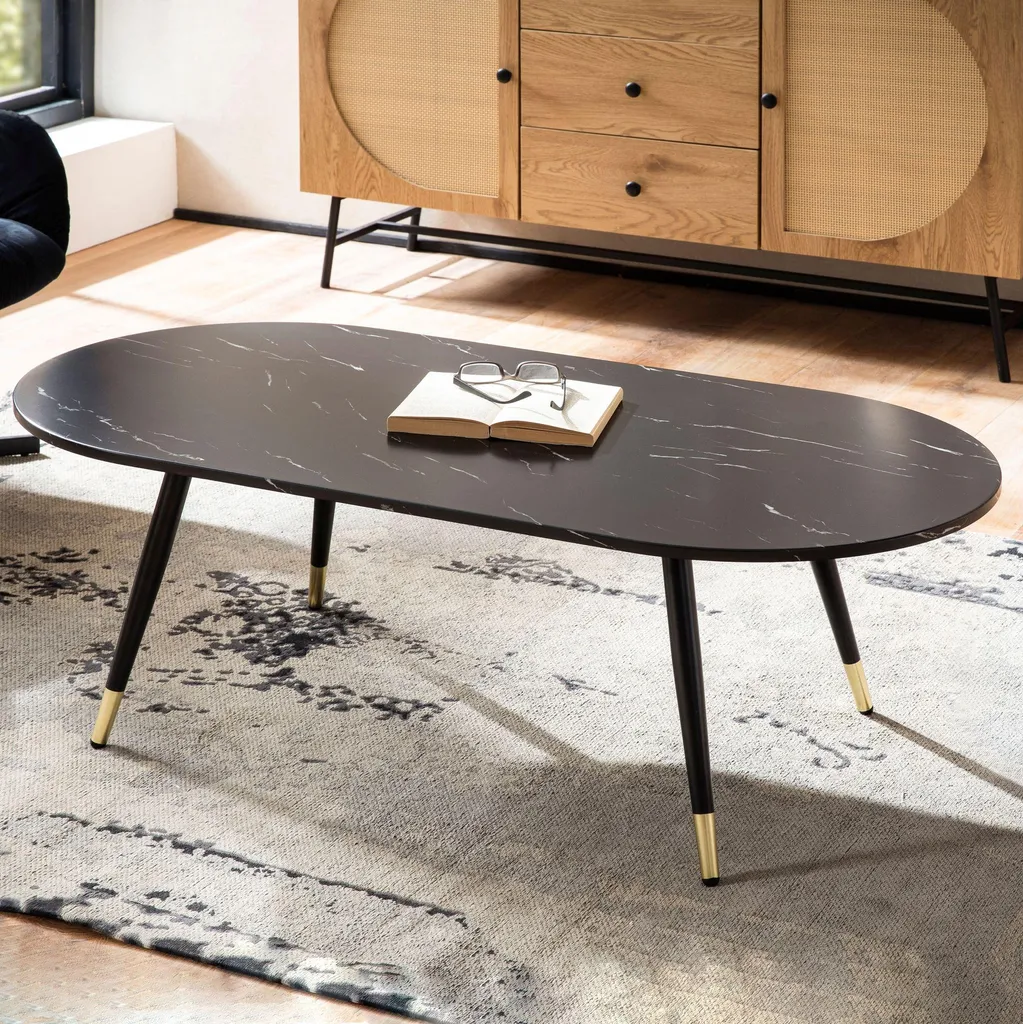 Tavolo Ovale Nero WOHNLING 120cm Effetto Marmo Struttura Metallo