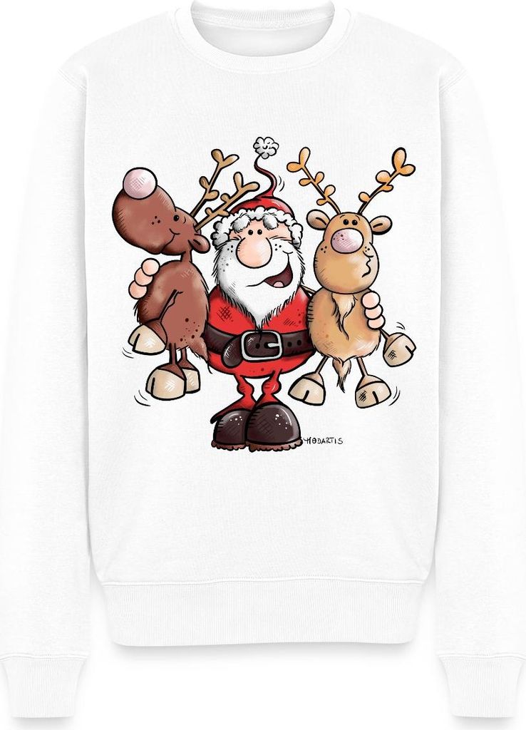 Spreadshirt Fröhlicher Weihnachtsmann Mit Rentieren Cartoon Stil Herren Premium Pullover, XXL, Weiß
