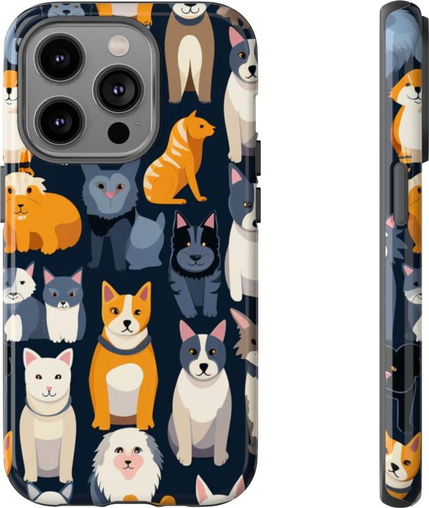 Verspieltes Katzen- und Hunde-Muster in lebendigen Farben – Hülle Kompatibel mit iPhone 14 Pro