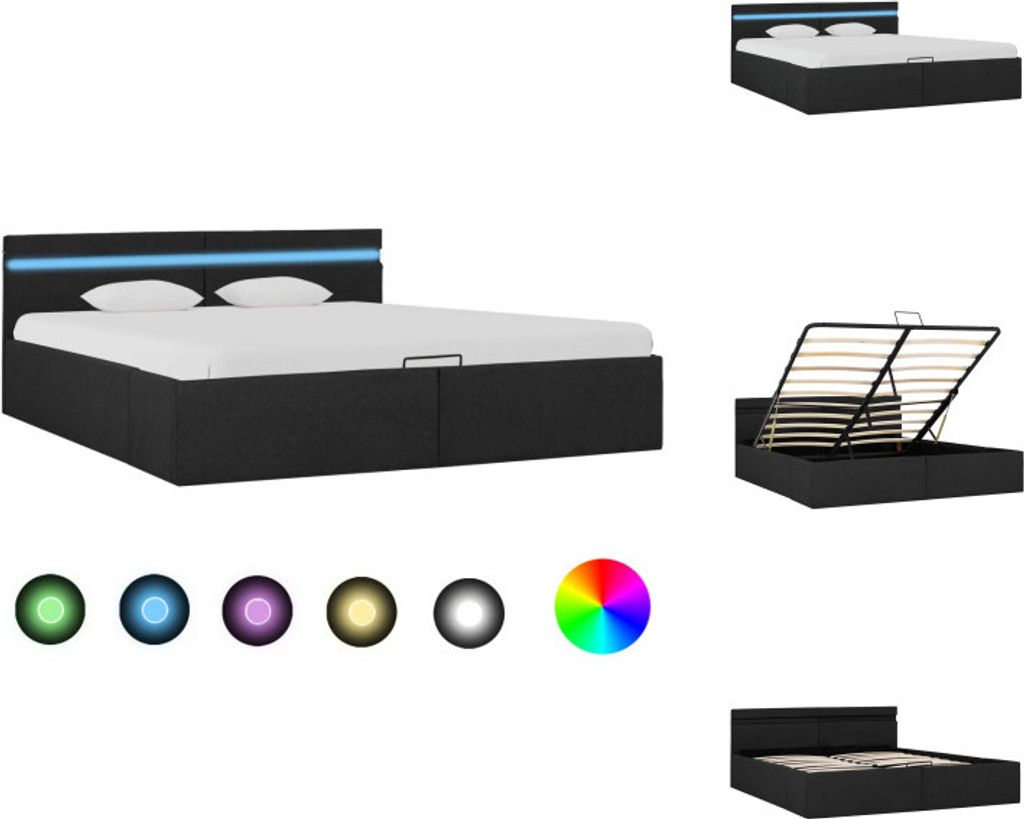vidaXL Bett mit Bettkasten Hydraulisch LED Dunkelgrau Stoff 180x200 cm - Betten & Bettgestelle