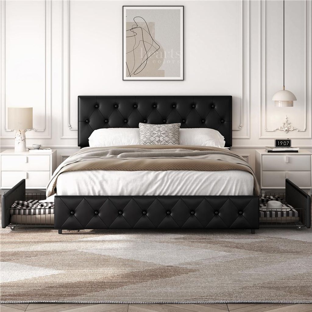 A bedroom scene featuring a tufted black bed with integrated pet beds. The room is decorated in a modern, elegant style with white paneled walls and a framed abstract artwork above the headboard.