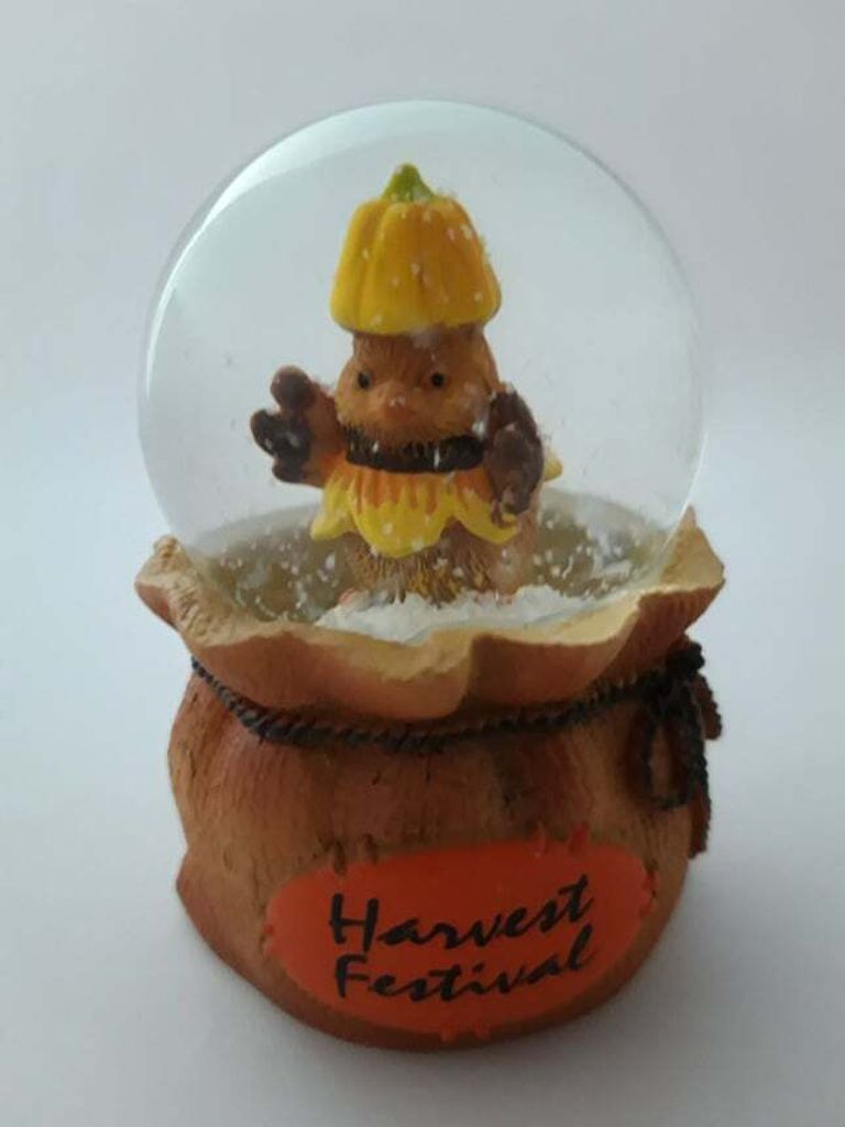 Schneekugel Herbst Vogel, mit Kürbis Hut, 7 cm, Vögel Glitzerkugel Glitterkugel Geschenk Halloween