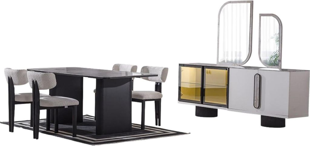 Esszimmer Set Barcelona Holzwerkstoff Weiß Anthrazit Goldoptik, Set:Typ-1