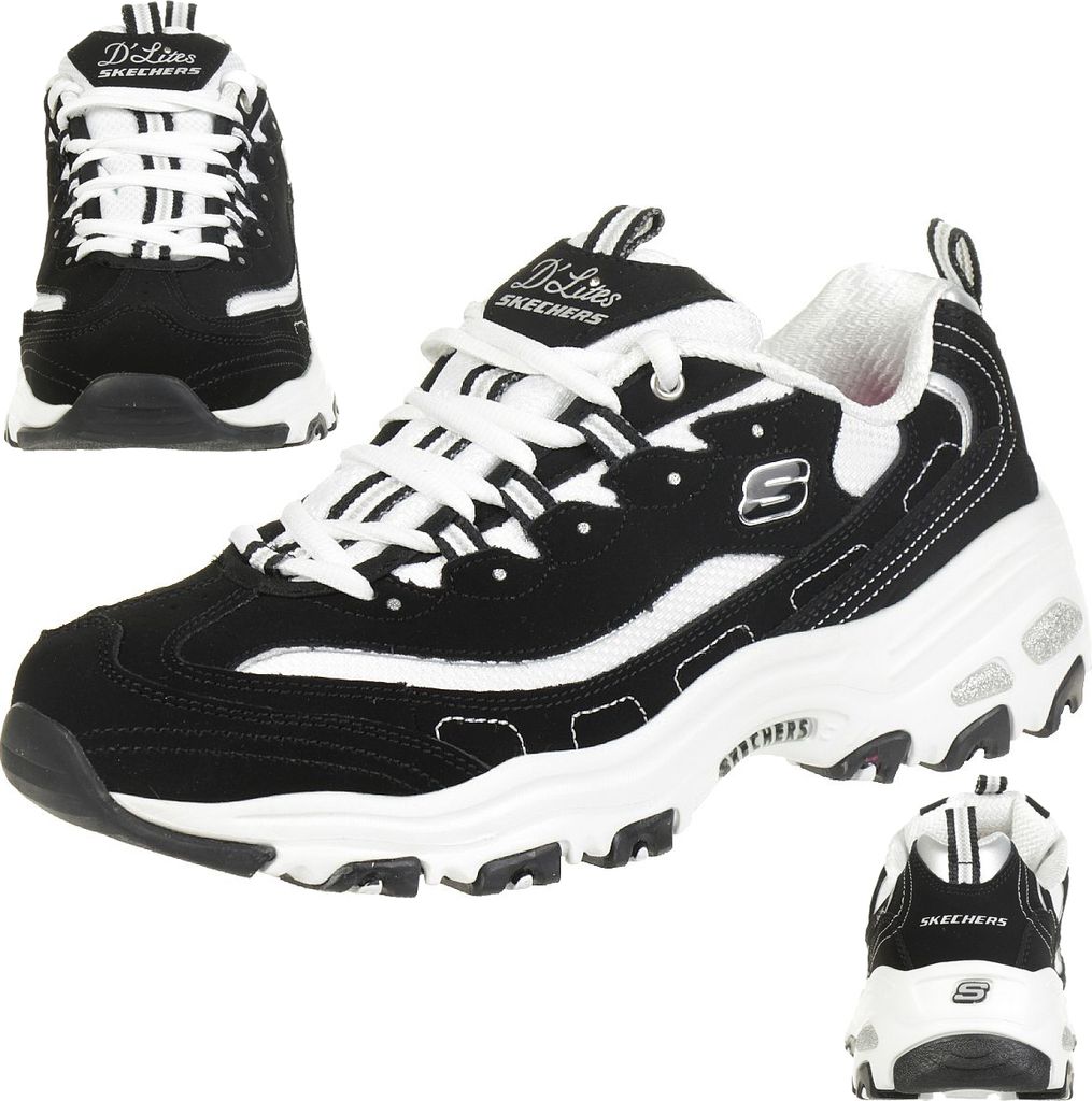 A collage of Skechers D'Lites sneakers in black and white.