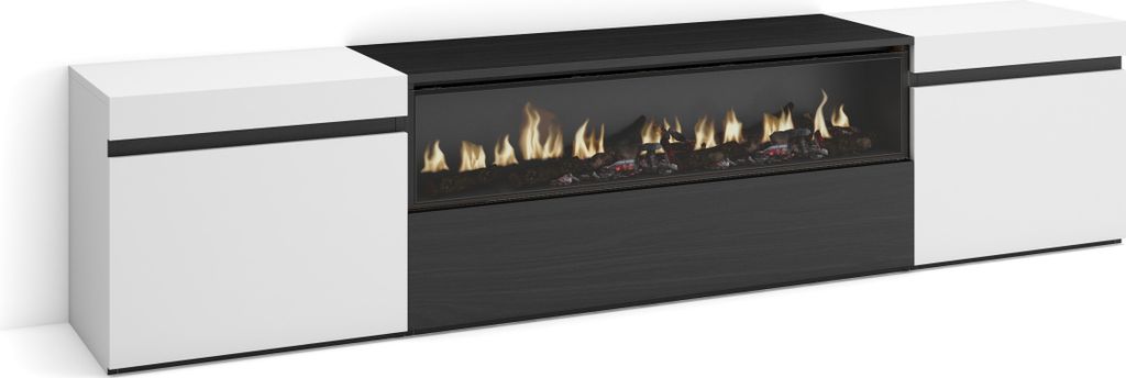 A modern media console with white cabinets on the sides and a black central section featuring an electric fireplace with flames.