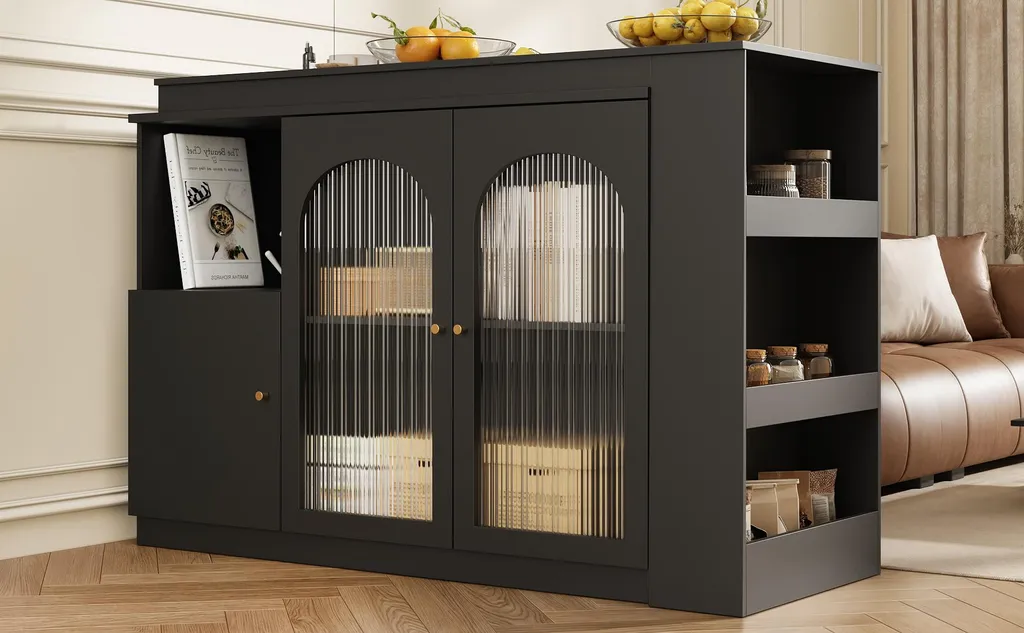 Table de bar noire design pivotante à 360° avec vitrine intégrée chic