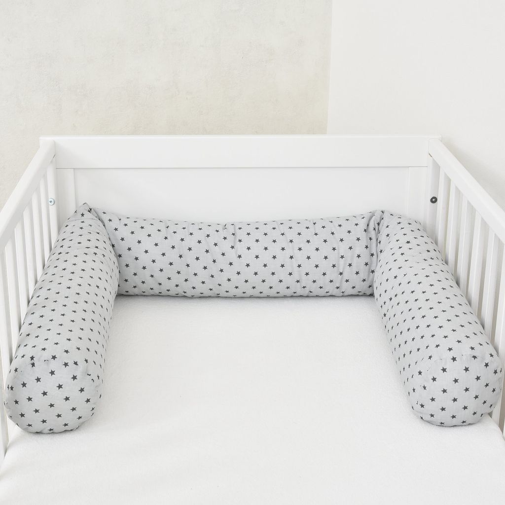 Baby-Delux Bettschlange 180cm Nestchenschlange für Baby Bettumrandung Babybettschlange Baumwolle Sterne Grau