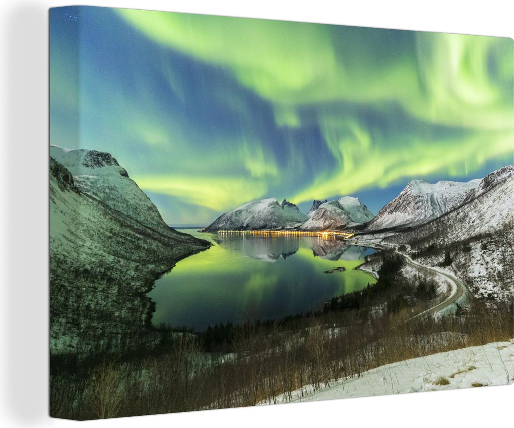 OneMillionCanvasses - Leinwandbilder - 150x100 cm, Nordlichter - Fjord - Norwegen, Wandbilder Kunstdruck Wanddekoration