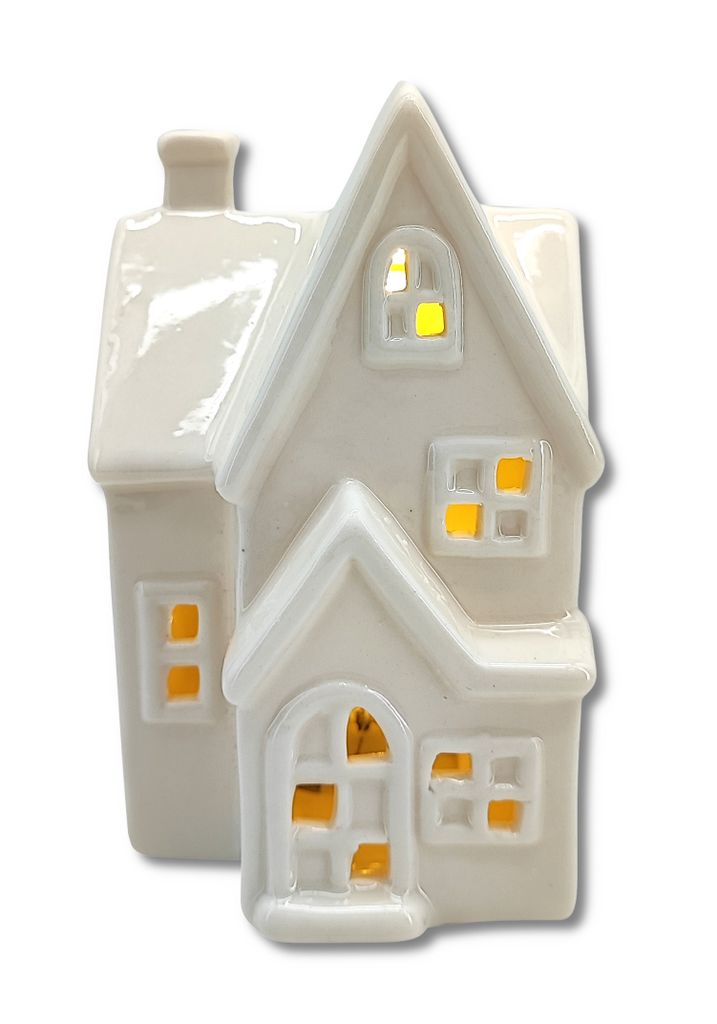 DARO DEKO Keramik LED Haus Weiß - 8x17x6cm Weihnachtshaus Mit Beleuchtung