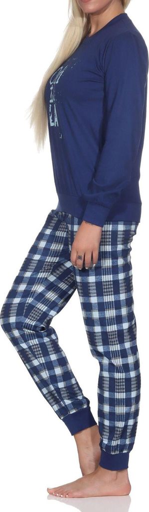 Normann Damen langarm Schlafanzug mit Bündchen Pyjama mit karierter Jersey Hose ; navy , 44-46
