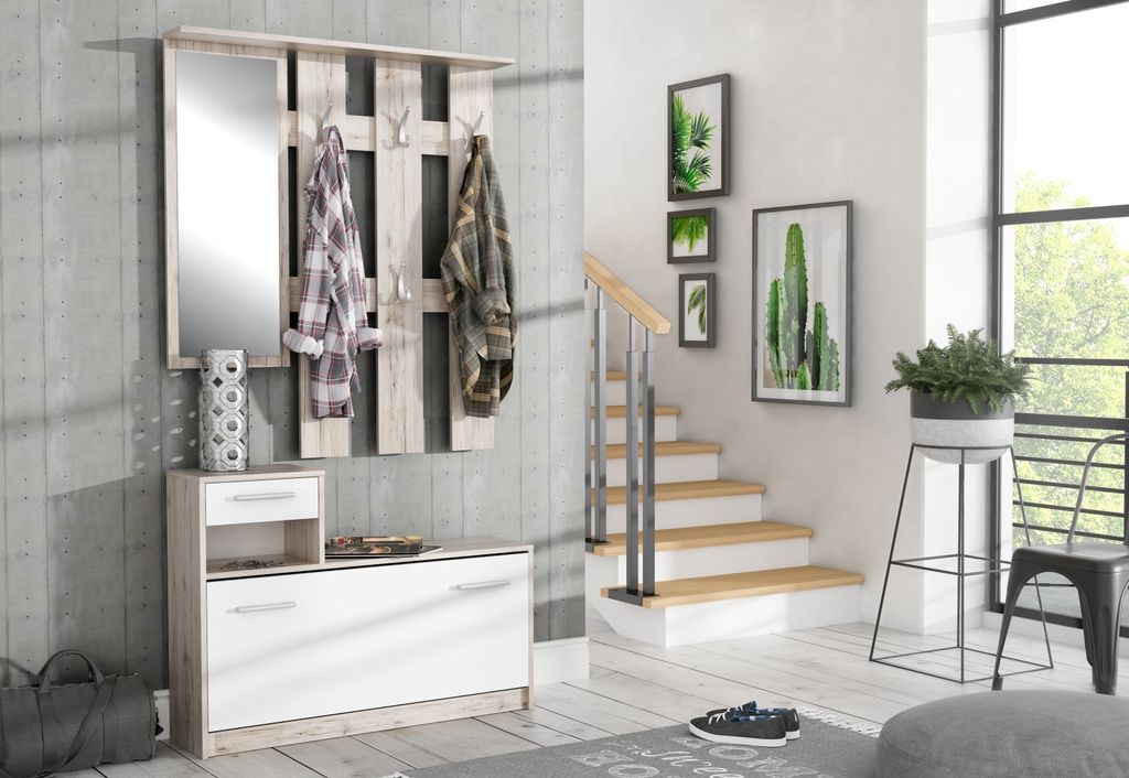 Garderoben-Set >Foxi< (2-teilig) in Weiss/Sandeiche Nachbildung - 97,5x180x25cm (BxHxT)