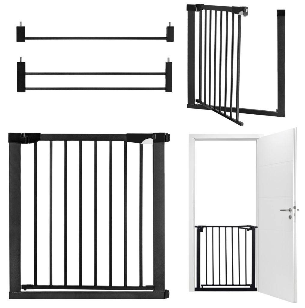 A collage of images showing a black metal baby gate and its components, including a door frame with the gate installed.