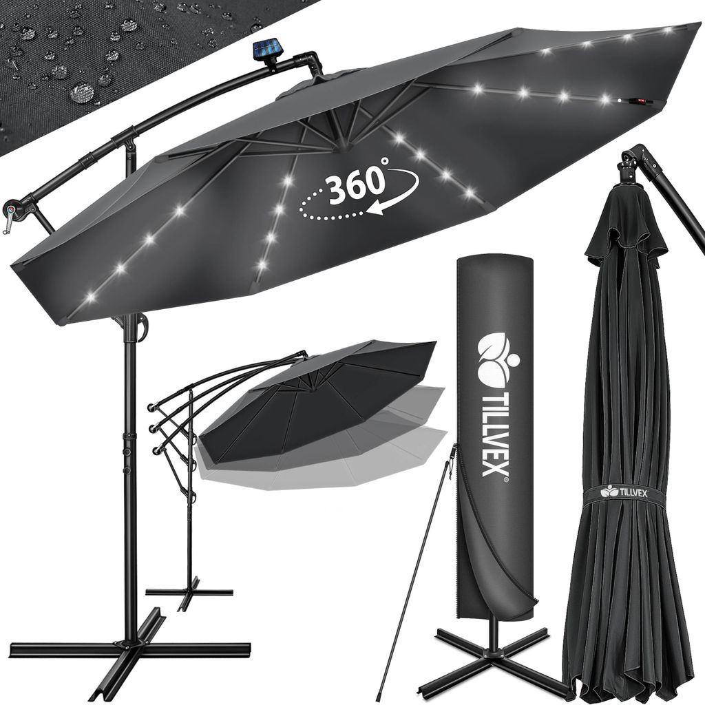 tillvex Alu Ampelschirm Anthrazit LED Solar Ø 300 cm mit Produktbild  KI-generiertes Bild