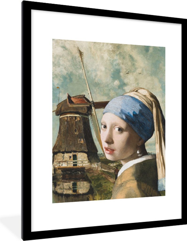 MuchoWow Gerahmtes Poster Das Mädchen mit dem Perlenohrring - Johannes Vermeer - Mühle 60x80 cm - Poster mit Schwarzem Bilderrahmen Wandposter ...