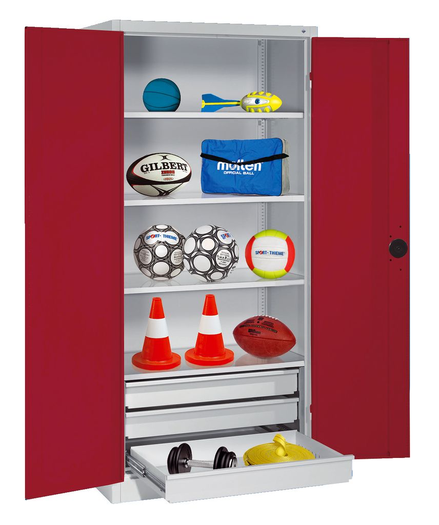 C+P Sportgeräteschrank mit Schubladen und Vollblech-Flügeltüren (Typ 4), HxBxT 195x120x50 cm, Ergo-Lock Muldengriff, Rubinrot (RAL 3003), Anthra...
