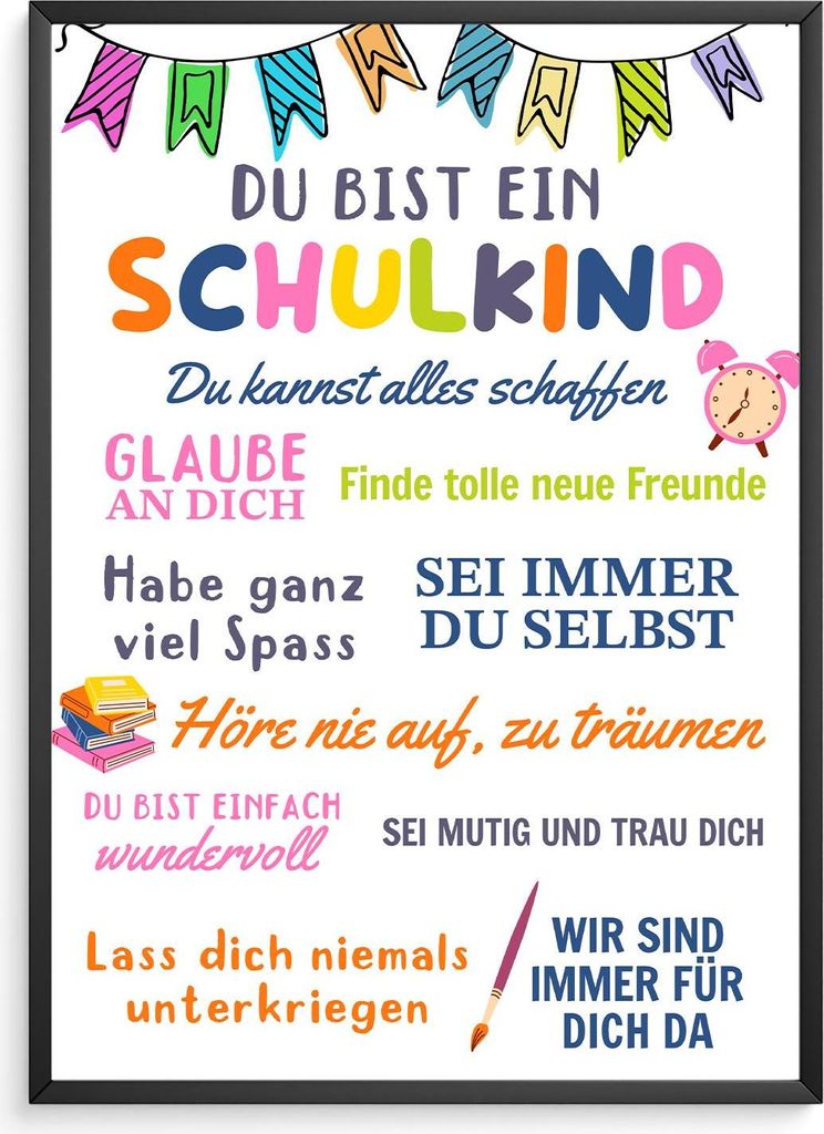 Schulkind Geschenk zur Einschulung Jungen Mädchen Einschulungsposter Schulanfang – DIN A4 + Rahmen schwarz