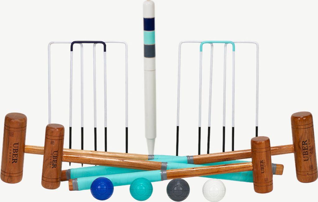 Ubergames - Familie-Krocket-Set - Englisches Gartenspiel - 4 Personen - Hartholzschläger - Plastikbälle - Mit Toolkit Tasche