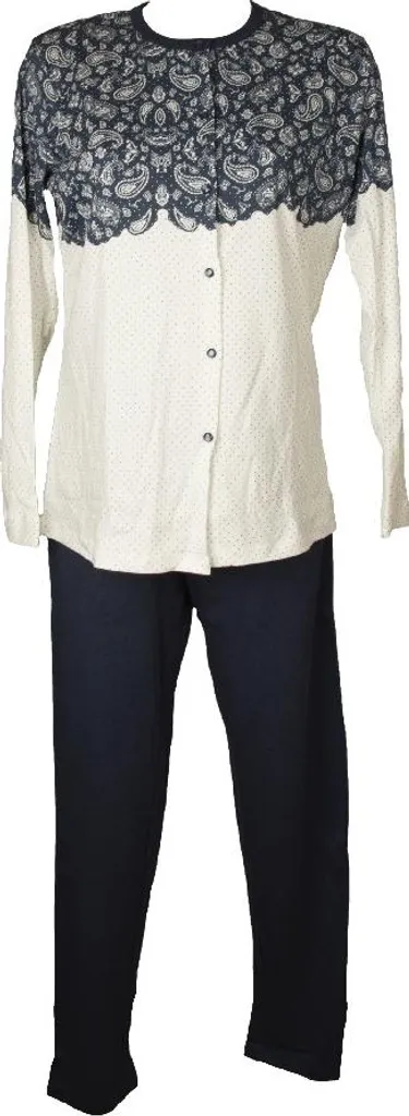 Ensemble pyjama long femme en coton chaud ouvert devant bleu marine