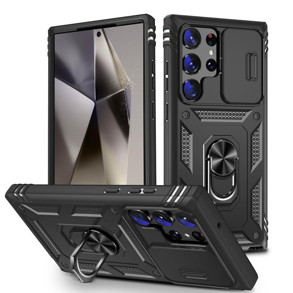Hülle für Samsung Galaxy S25 Ultra, Schiebe Kamera Schutz Stoßfest Schutzhülle mit Ringhalterung Ständer Kartenhalter Schwarz