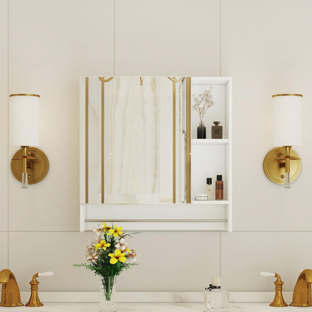 Badezimmerschrank 56x13x55 cm, Spiegel, Ablagefläche, Weiß, MDF, Bad-Spiegelschrank