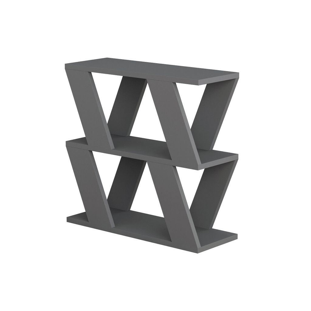 A gray, modern, two-tiered shelf unit with a zigzag design, shown against a white background.