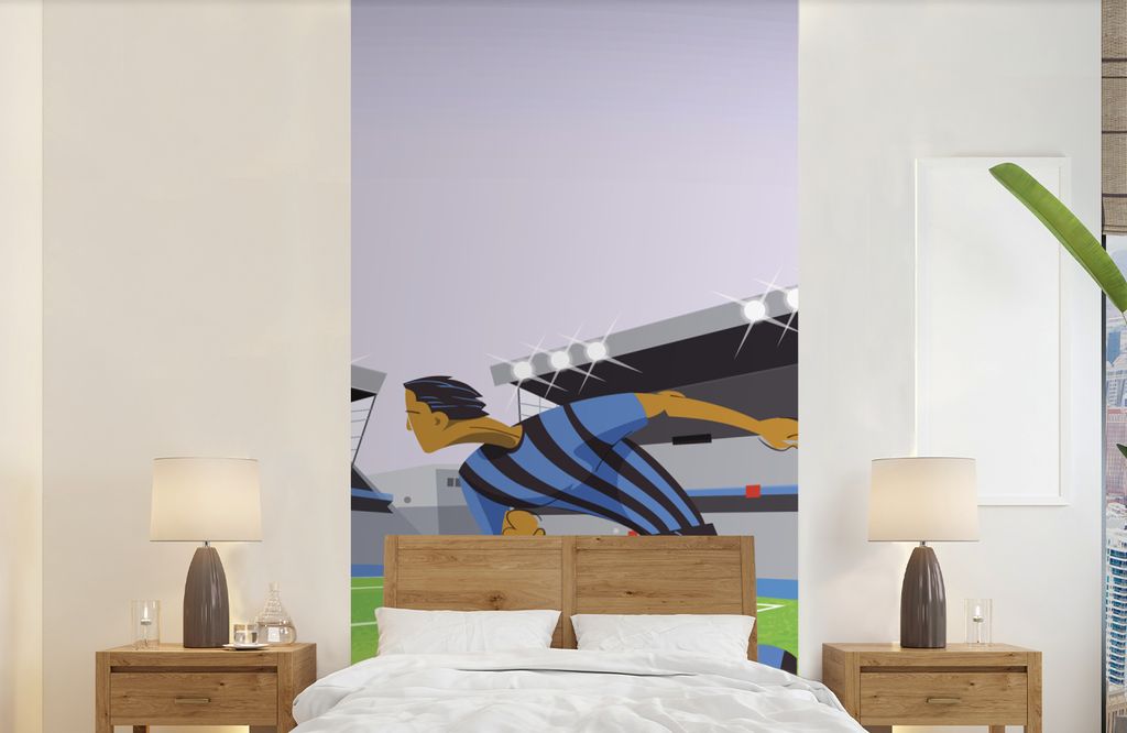 MuchoWow Fototapete für Wohnzimmer oder Schlafzimmer Wandtapete Vinyl Motivtapete Eine Illustration von Spielern, die in einem Stadion Fußball ...