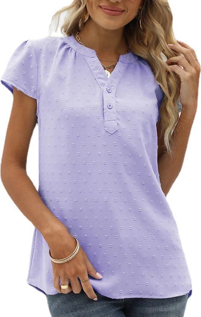 ASKSA Damen Swiss Dot Bluse Kurzarm Sommer Elegant T-Shirt V-Ausschnitt Tunika Einfarbig Chiffon Hemd, Lila, XXL