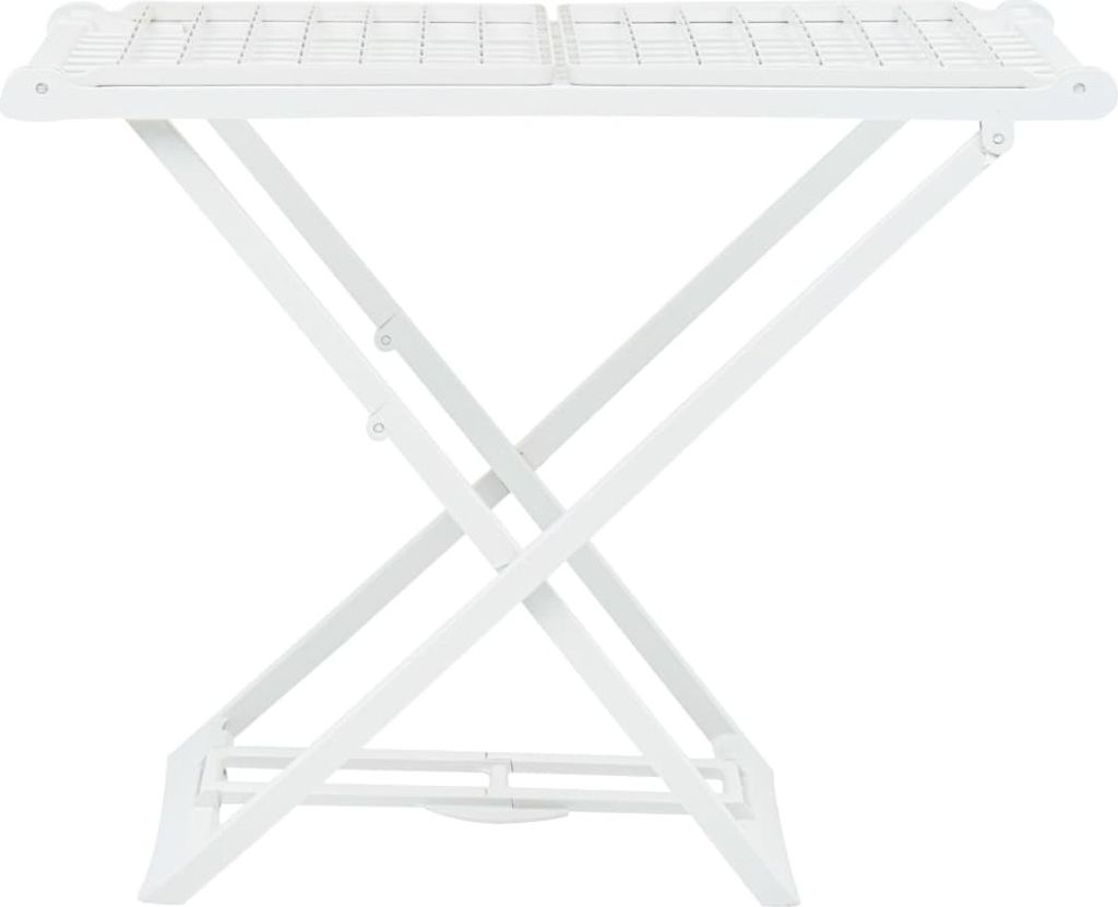 A white folding drying rack against a white background.