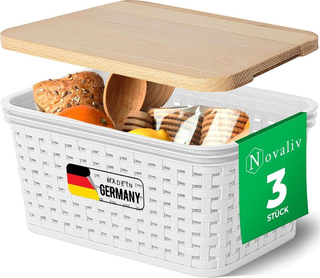Novaliv 3er Set Aufbewahrungsbox mit Holzdeckel Küche 2L Weiß Kunststoff Rattan-Optik Küche Aufbewahrung & Organisation BPA-Freie Schrank Organi...