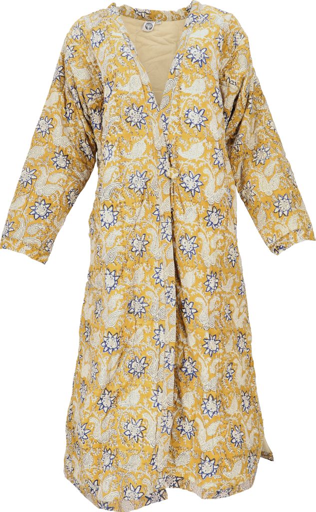 Gesteppter Morgenmantel, Hausmantel, Kimono - Honig, Uni, Mehrfarbig, Baumwolle, Größe: S/M