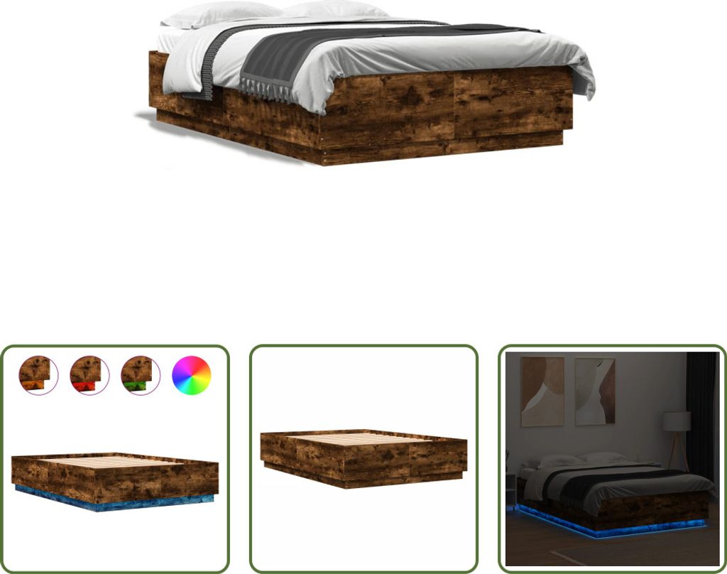 The Living Store Bettgestell mit LED Räuchereiche 120x200cm Holzwerkstoff