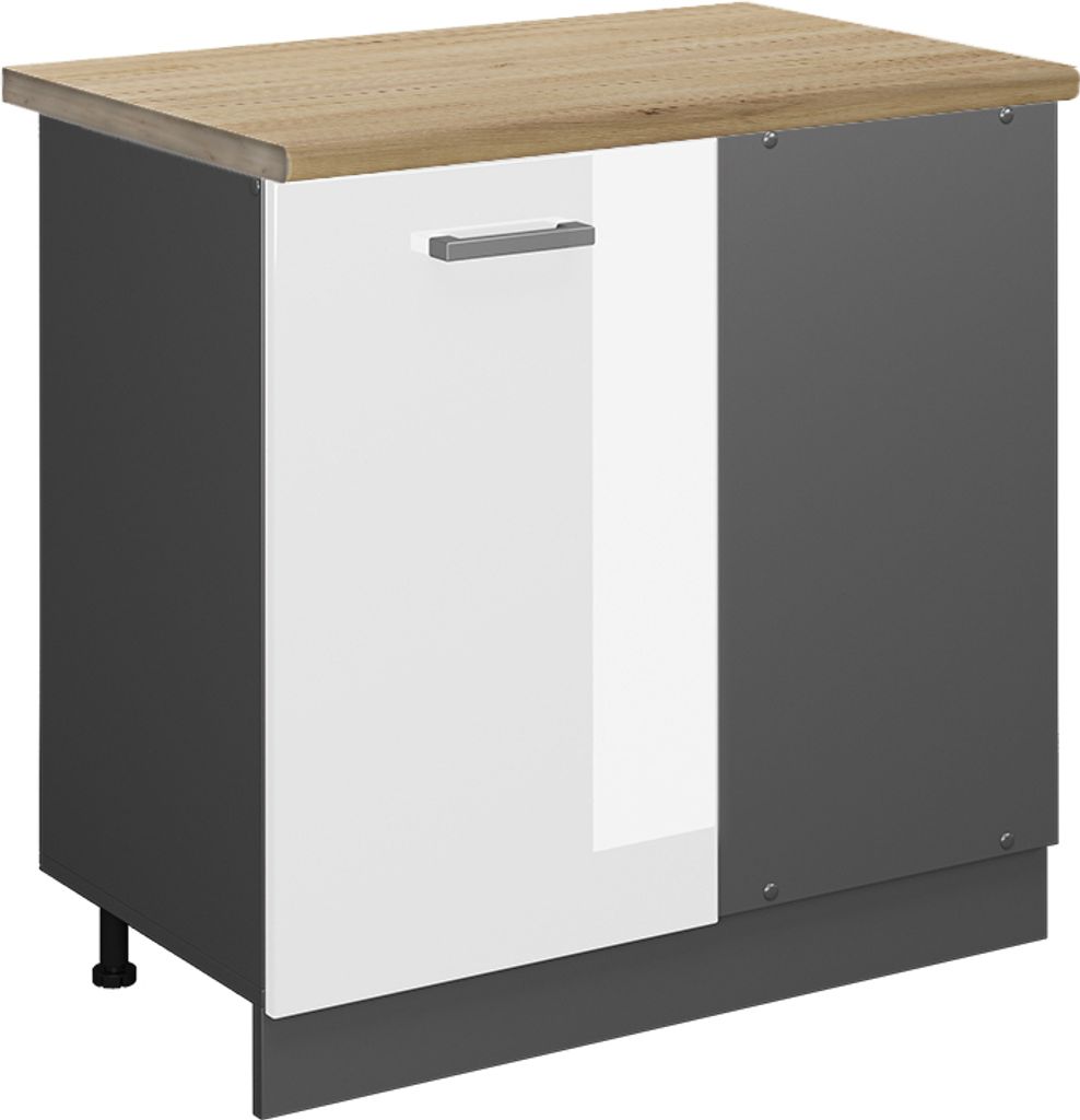 Eckunterschrank Vicco R-Line Weiß Hochglanz 86 cm , AP Eiche, Model 45676