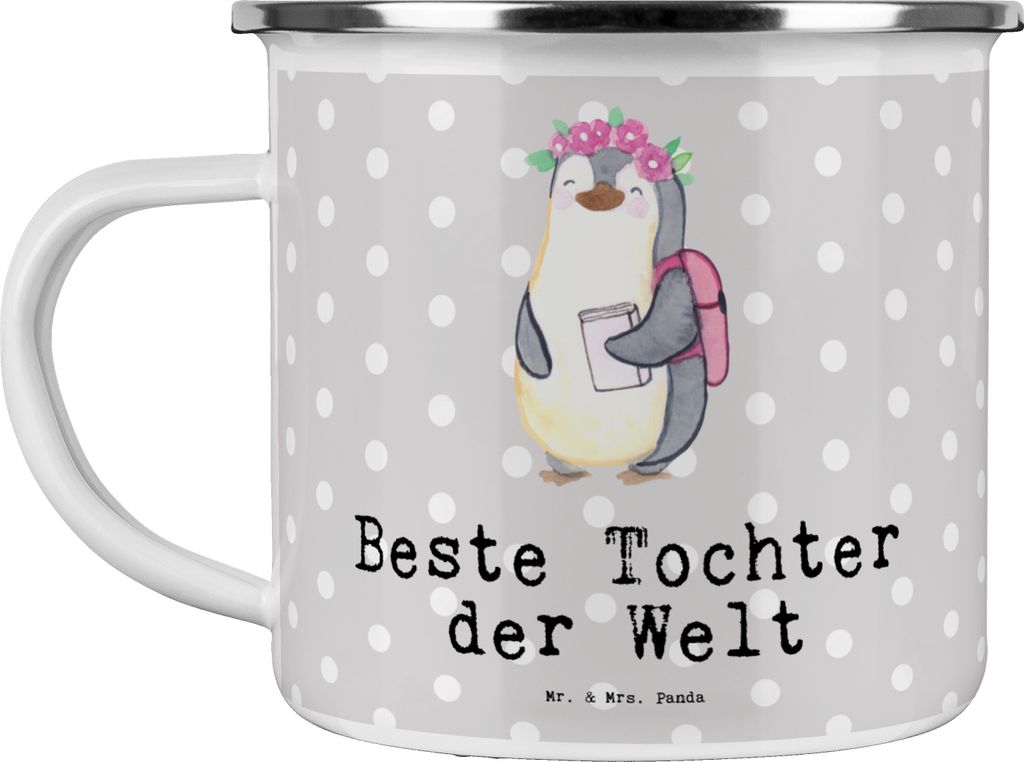 Mr. & Mrs. Panda Emaille Tasse Pinguin Beste Tochter der Welt - Grau Pastell - Geschenk, Haferl, Geburt, metallbecher, Familie, Dankeschön, Mutter...